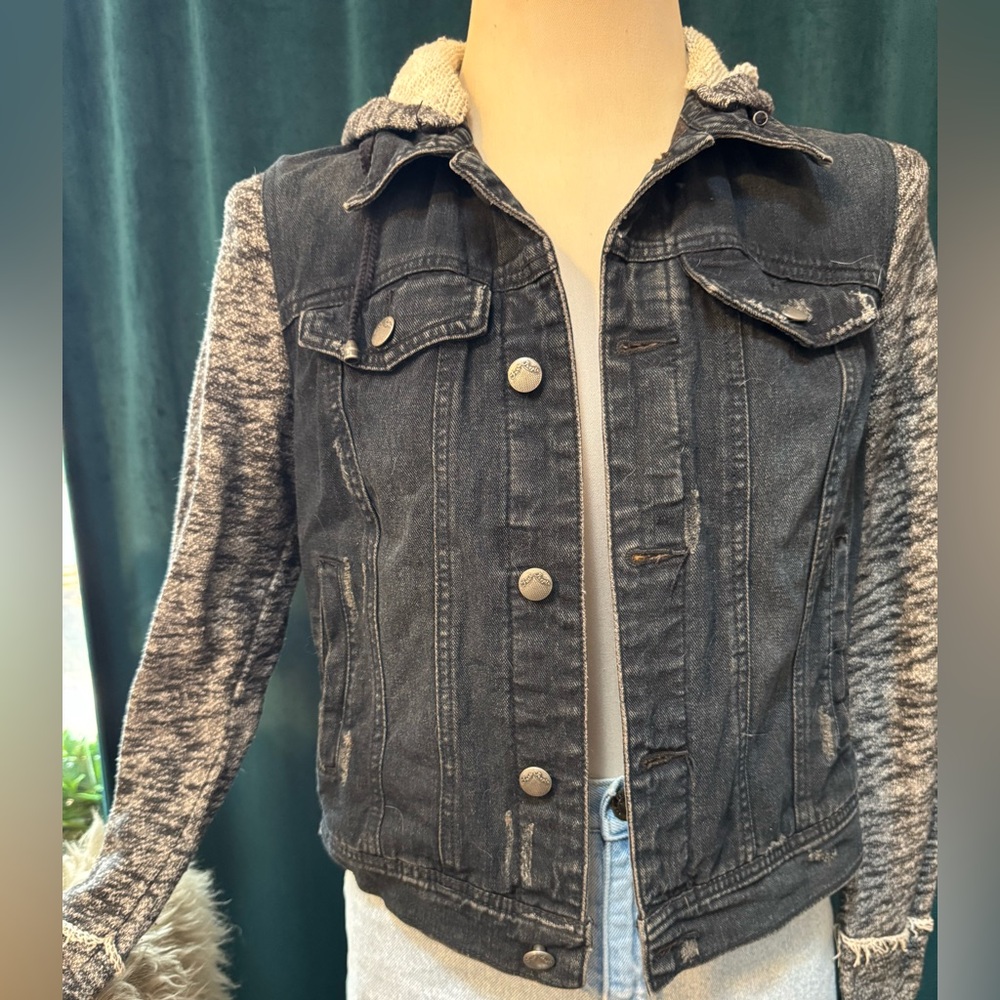 Free People Black Denim Jacket with Gray Knit Sleeves